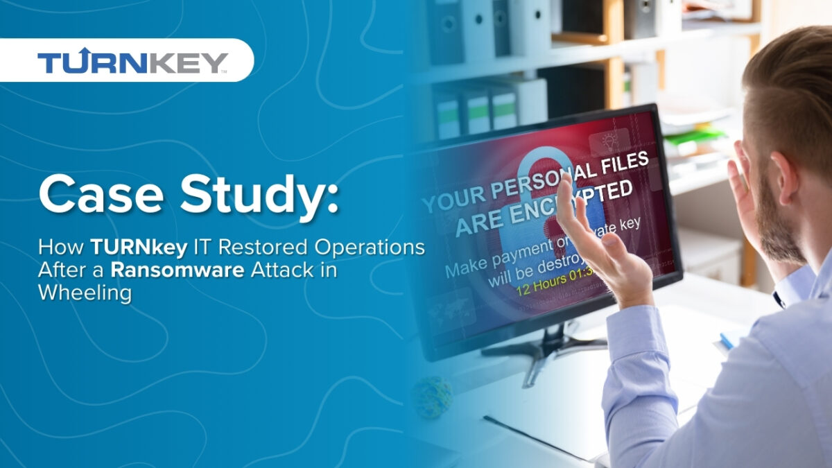 Person viewing a computer screen displaying a ransomware message, illustrating TURNkey IT's case study on restoring operations after a cyber attack.