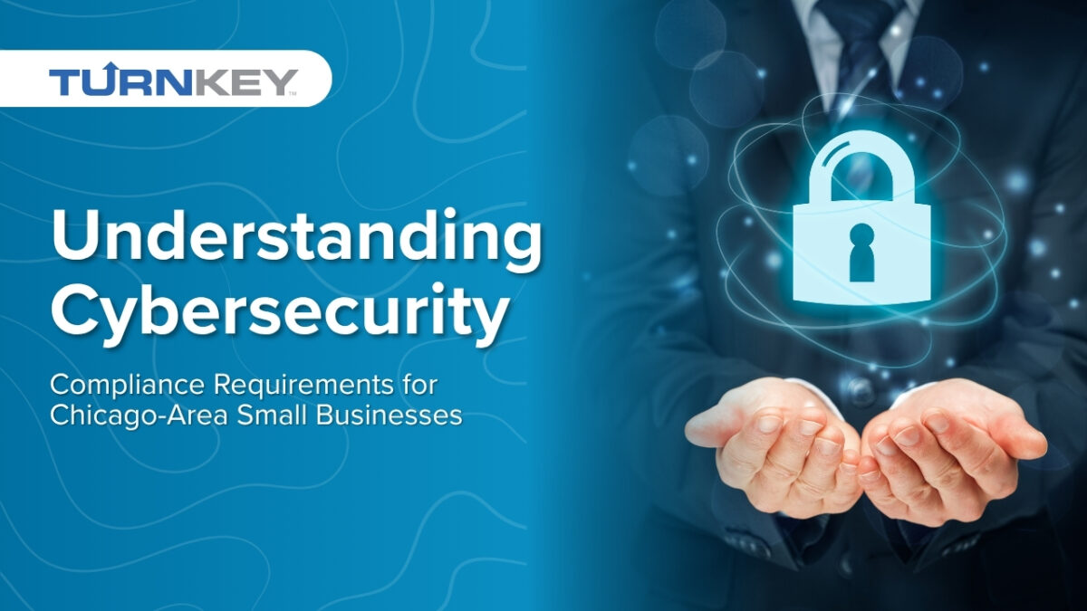 TURNKey logo with hands holding a digital padlock symbol, representing cybersecurity and compliance requirements for small businesses in the Chicago area.